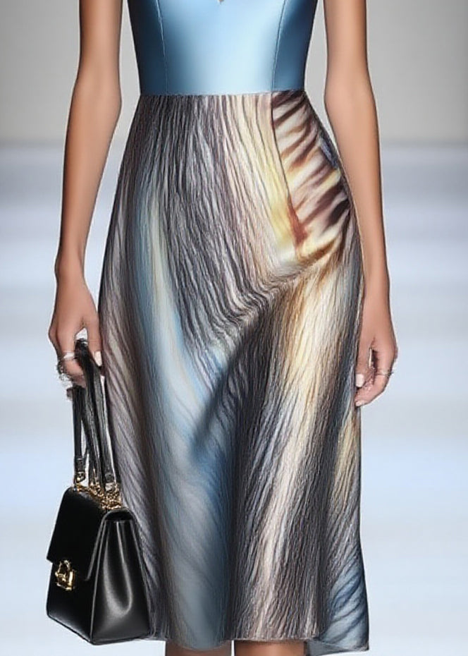 Dinner Blue Print Patchwork Silk Long Dress Sleeveless - Omychic