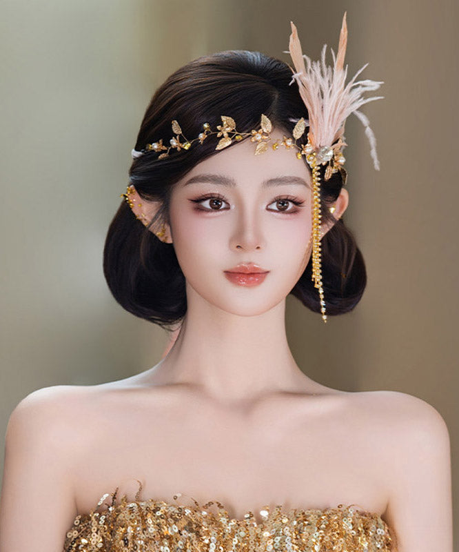 Dinner Gold CrystalZircon Feather Tassel HairPiece