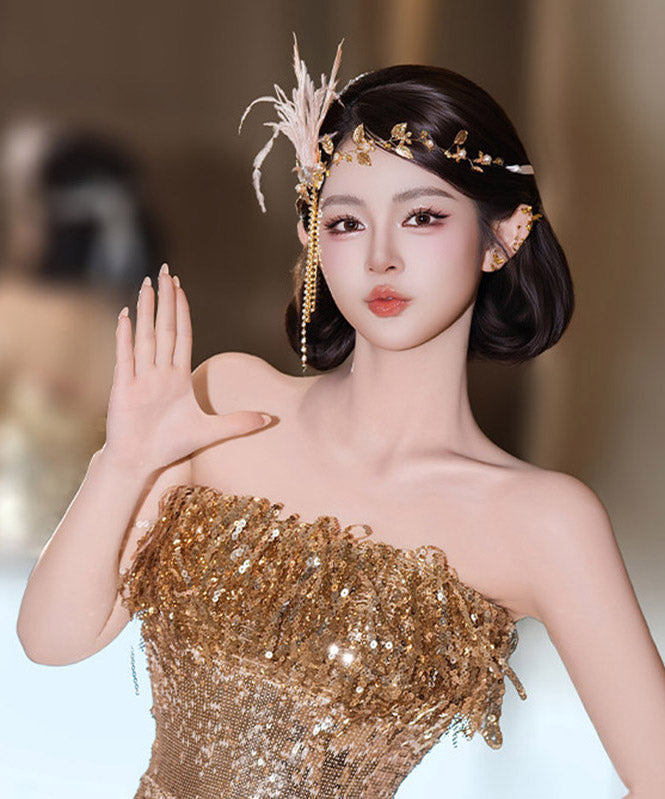 Dinner Gold CrystalZircon Feather Tassel HairPiece