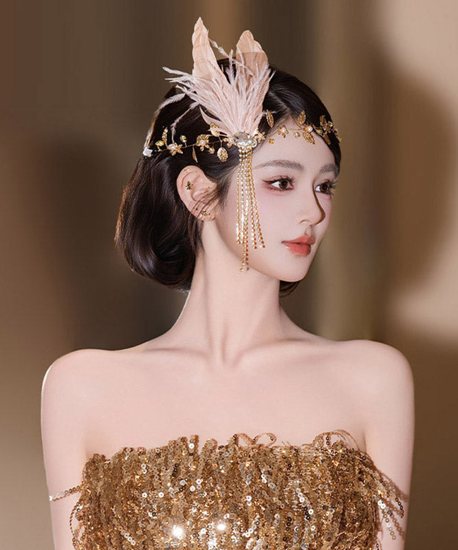 Dinner Gold CrystalZircon Feather Tassel HairPiece