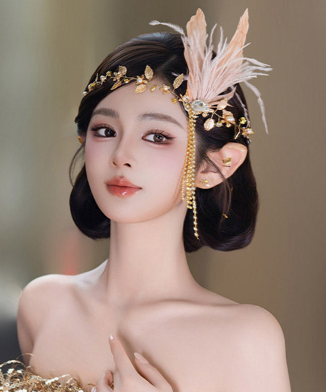 Dinner Gold CrystalZircon Feather Tassel HairPiece