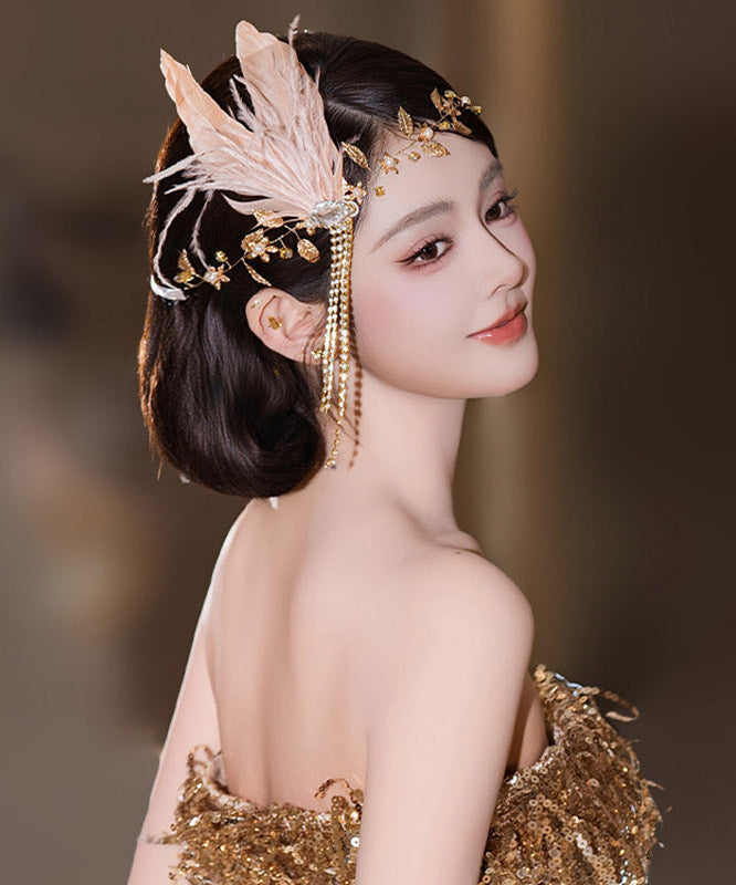 Dinner Gold CrystalZircon Feather Tassel HairPiece