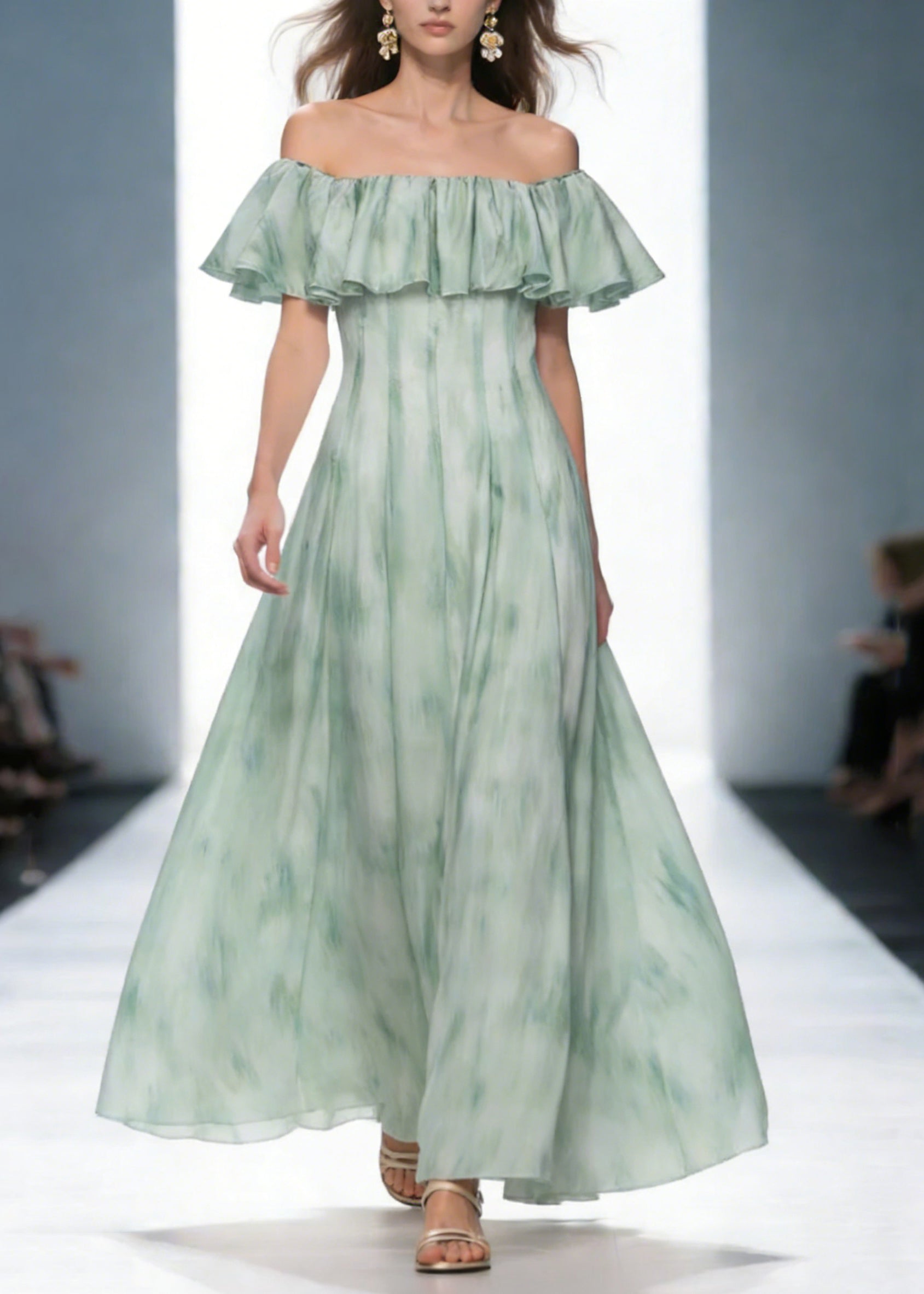 Dinner Green Slash Neck Print Long Dress Short Sleeve - Omychic