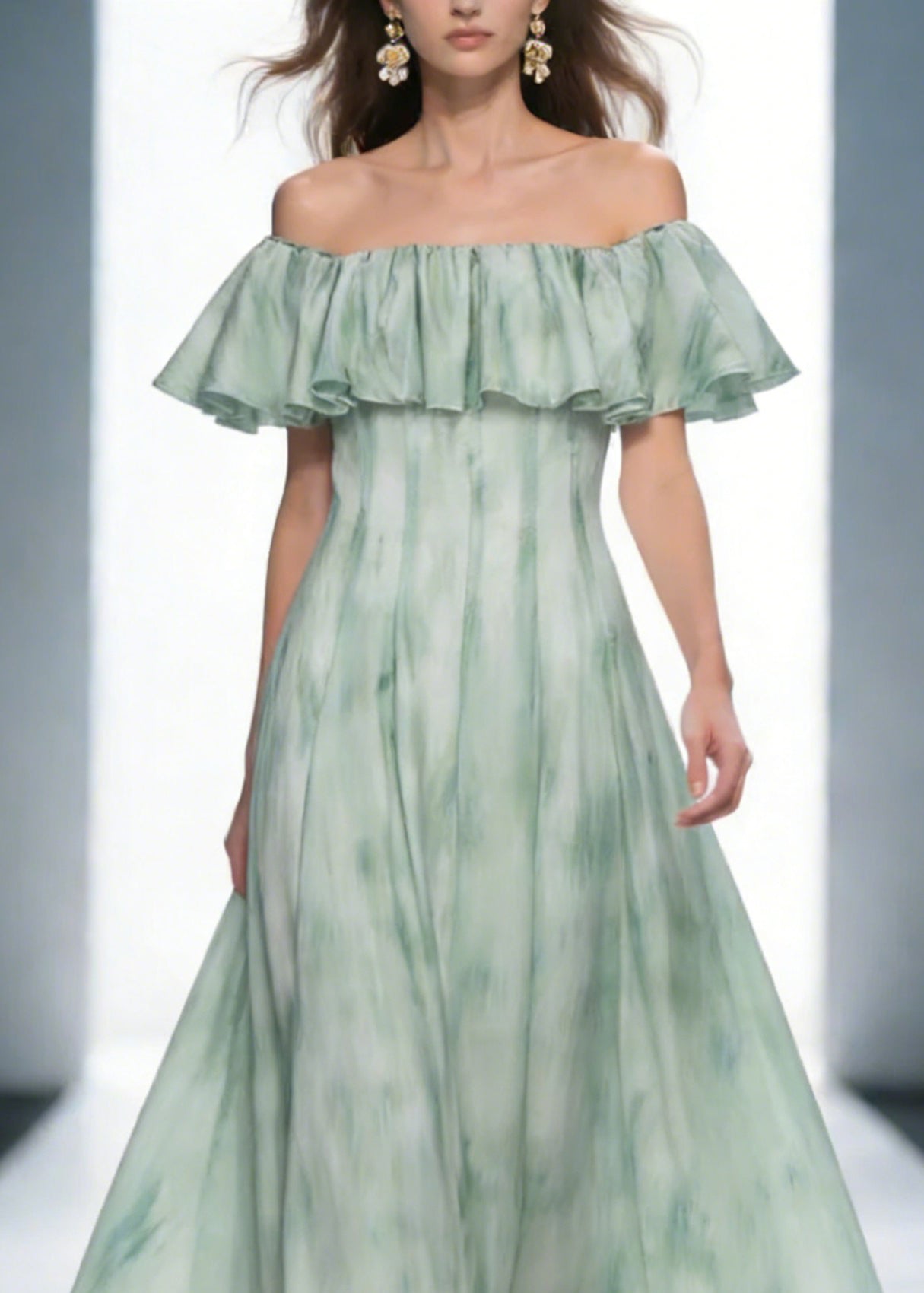 Dinner Green Slash Neck Print Long Dress Short Sleeve - Omychic