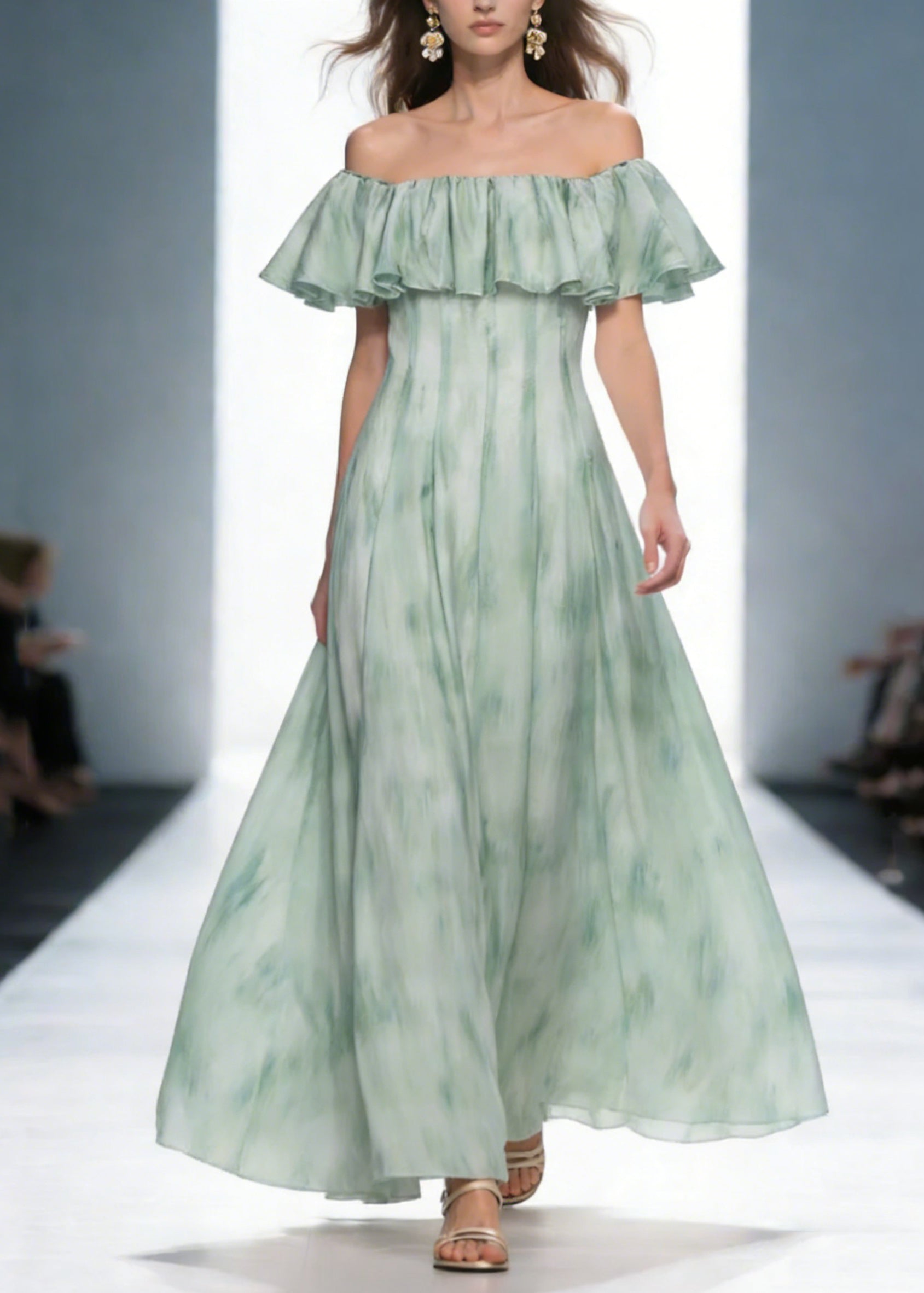 Dinner Green Slash Neck Print Long Dress Short Sleeve - Omychic