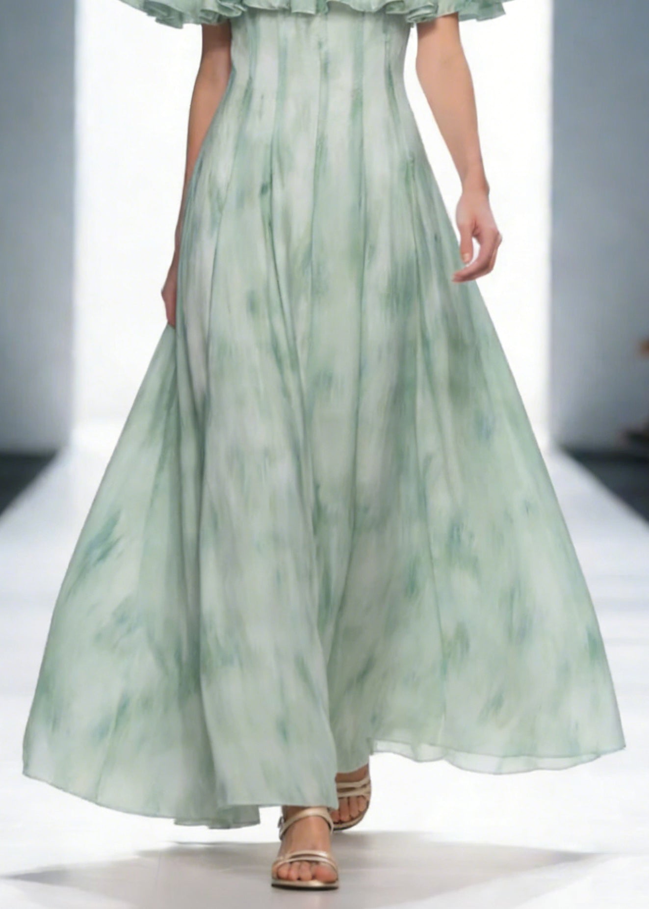 Dinner Green Slash Neck Print Long Dress Short Sleeve - Omychic