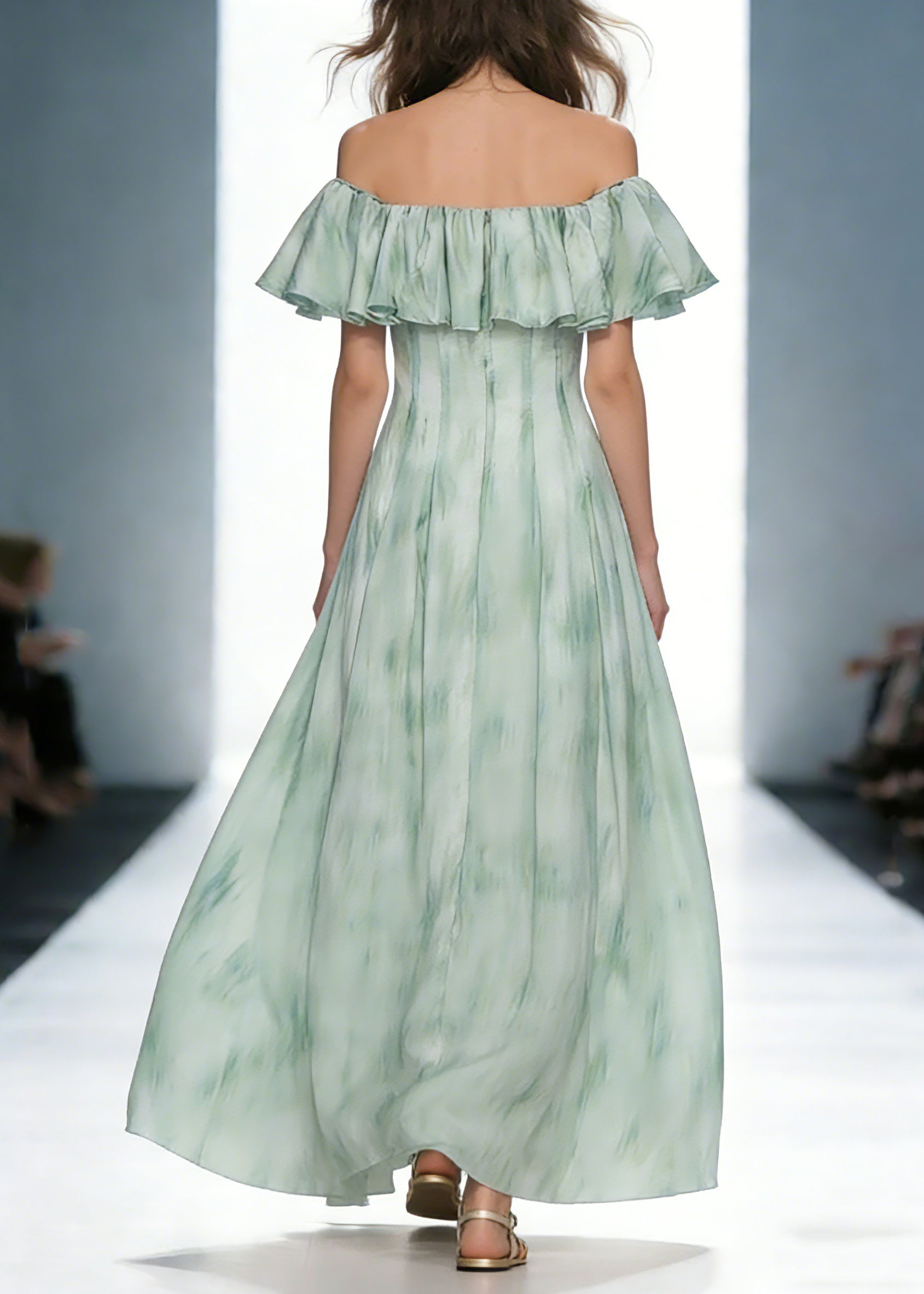 Dinner Green Slash Neck Print Long Dress Short Sleeve - Omychic