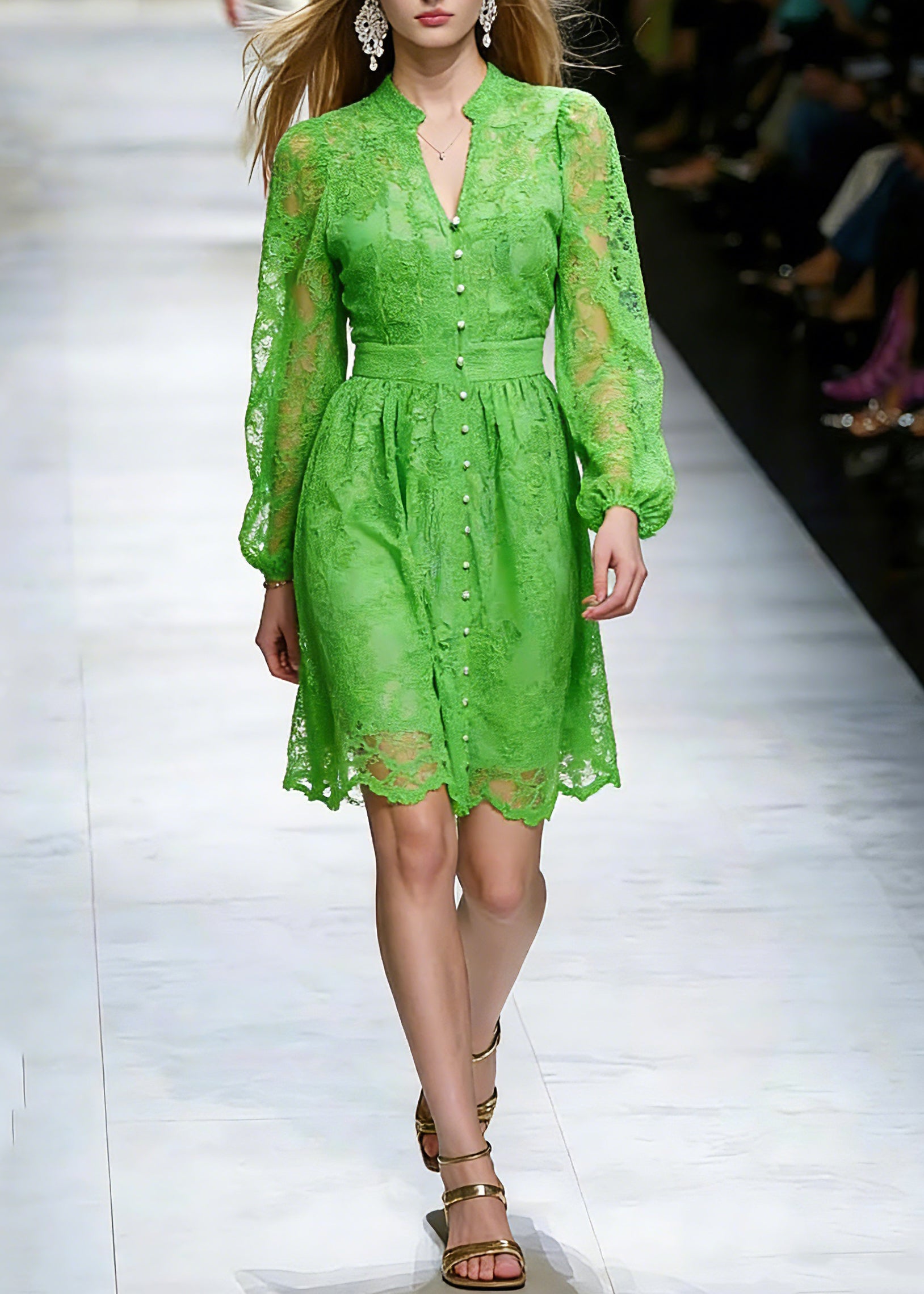 Dinner Green V Neck Lace Patchwork Tulle Mid Dress Spring - Omychic