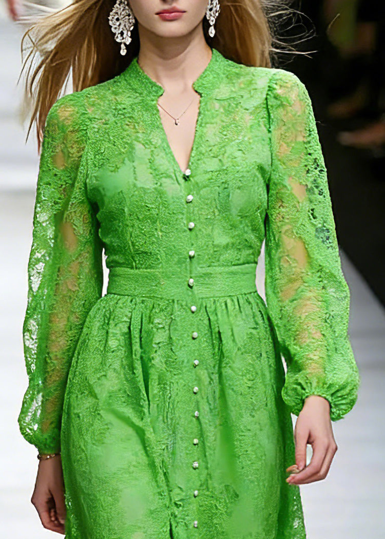 Dinner Green V Neck Lace Patchwork Tulle Mid Dress Spring - Omychic