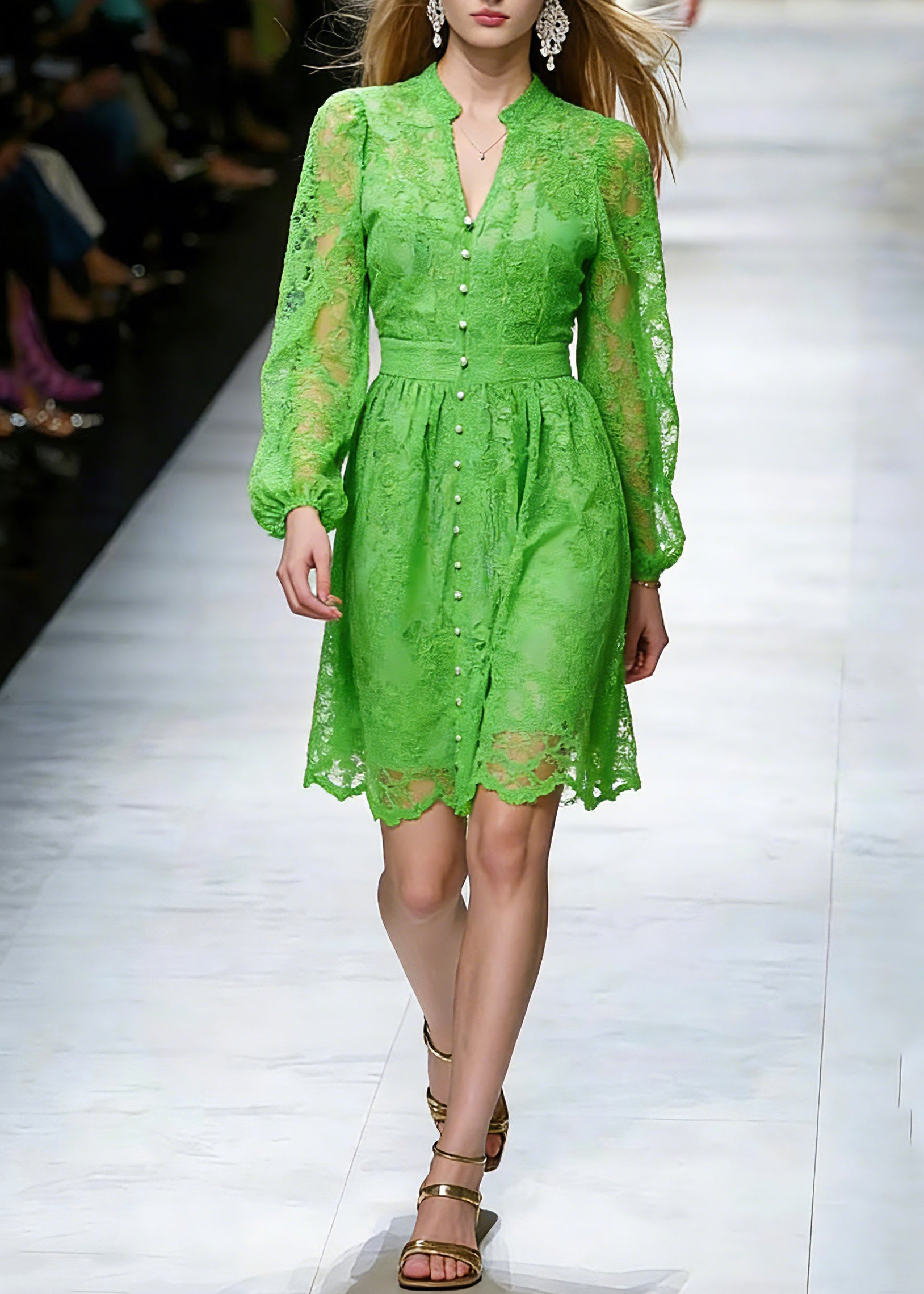 Dinner Green V Neck Lace Patchwork Tulle Mid Dress Spring - Omychic