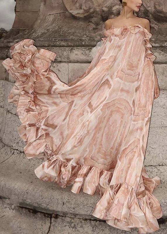 Dinner Pink Slash Neck Ruffled Patchwork Maxi Dress Summer