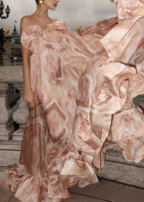 Dinner Pink Slash Neck Ruffled Patchwork Maxi Dress Summer