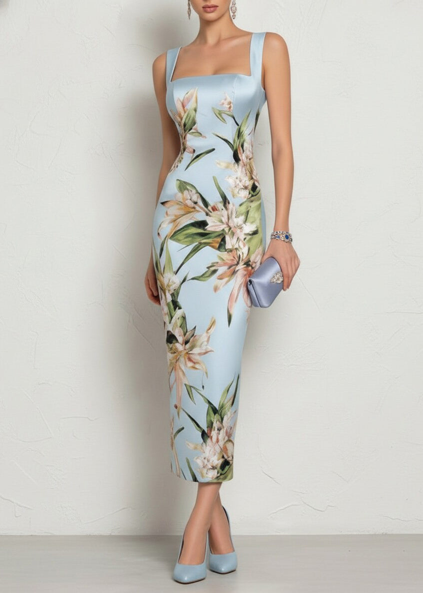 Dinner Pink Square Collar Print Long Dresses Summer