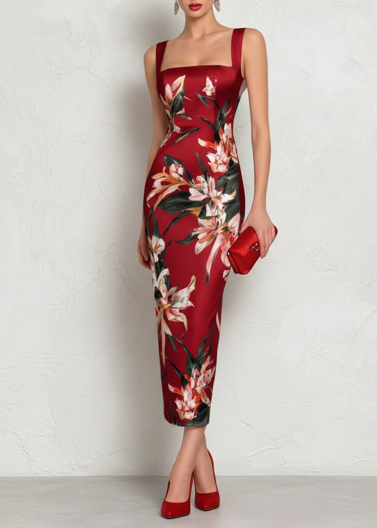 Dinner Pink Square Collar Print Long Dresses Summer
