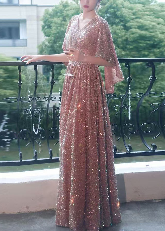 Dinner Pink V Neck High Waist Sequins Cotton Party Dress