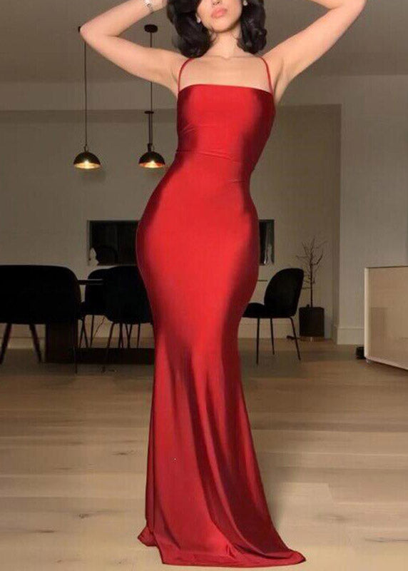 Dinner Red Square Collar Maxi Spaghetti Strap Dress Sleeveless