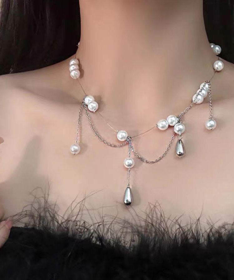 Dinner Silk Sterling Silver Pearl Water Drop Tassel Princess Necklace