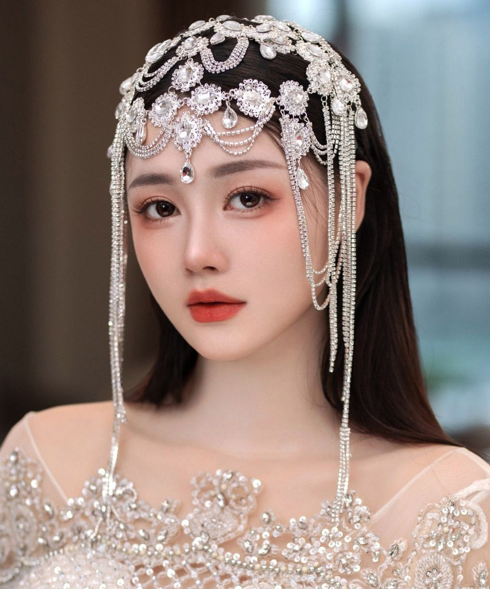 Dinner White Crystal Zircon Hollow Out Tassel HairPiece