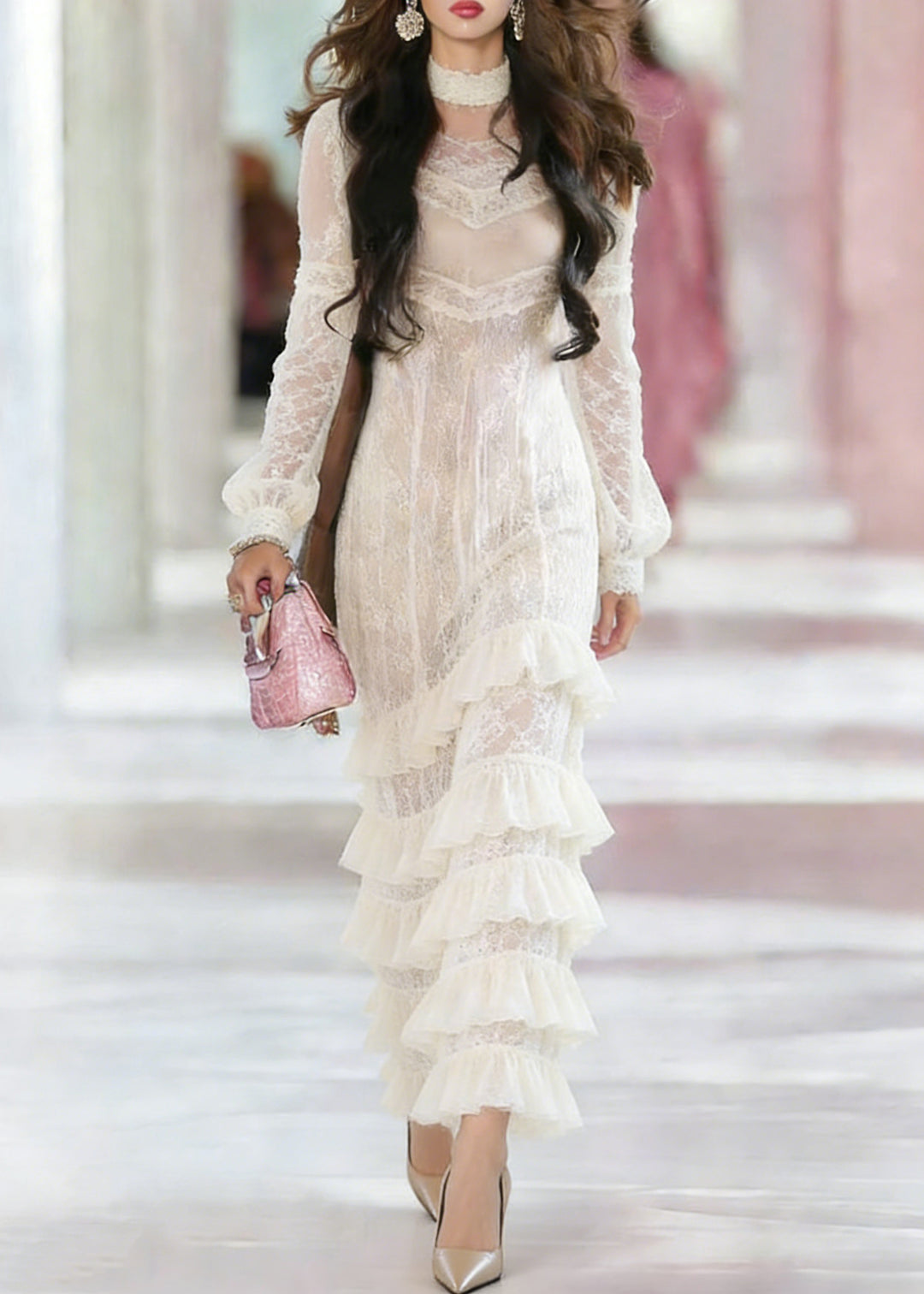 Dinner White Neck Ruffled Patchwork Maxi Dresses Lantern Sleeve