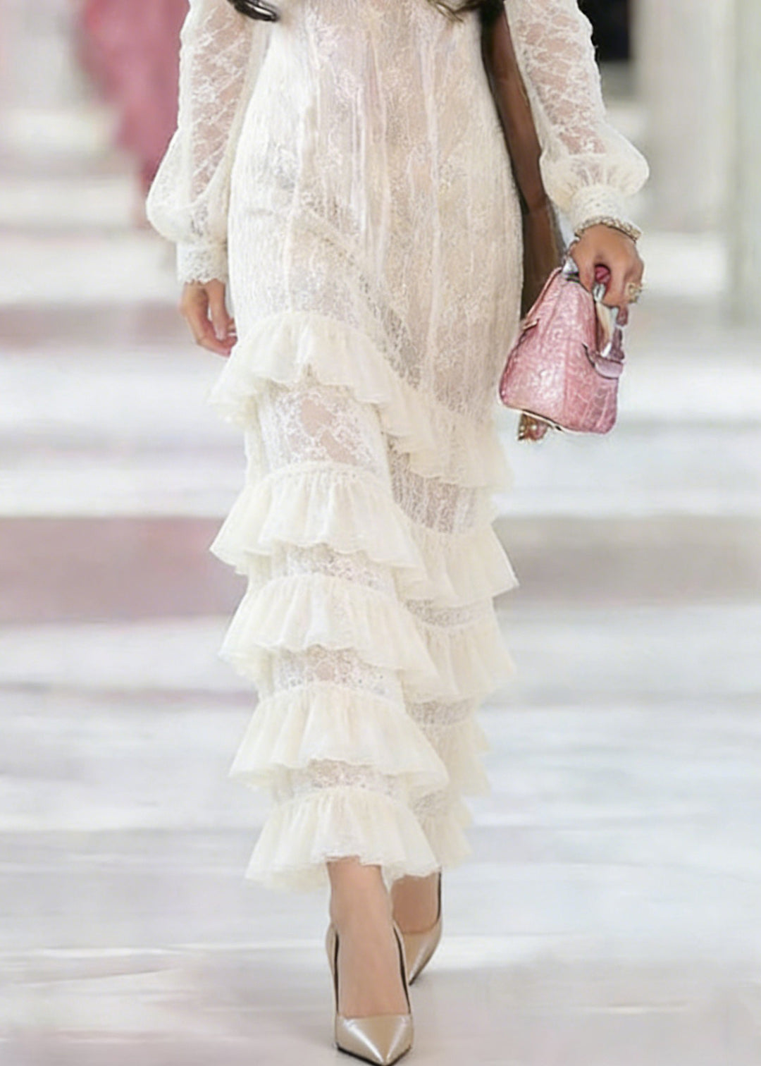 Dinner White Neck Ruffled Patchwork Maxi Dresses Lantern Sleeve