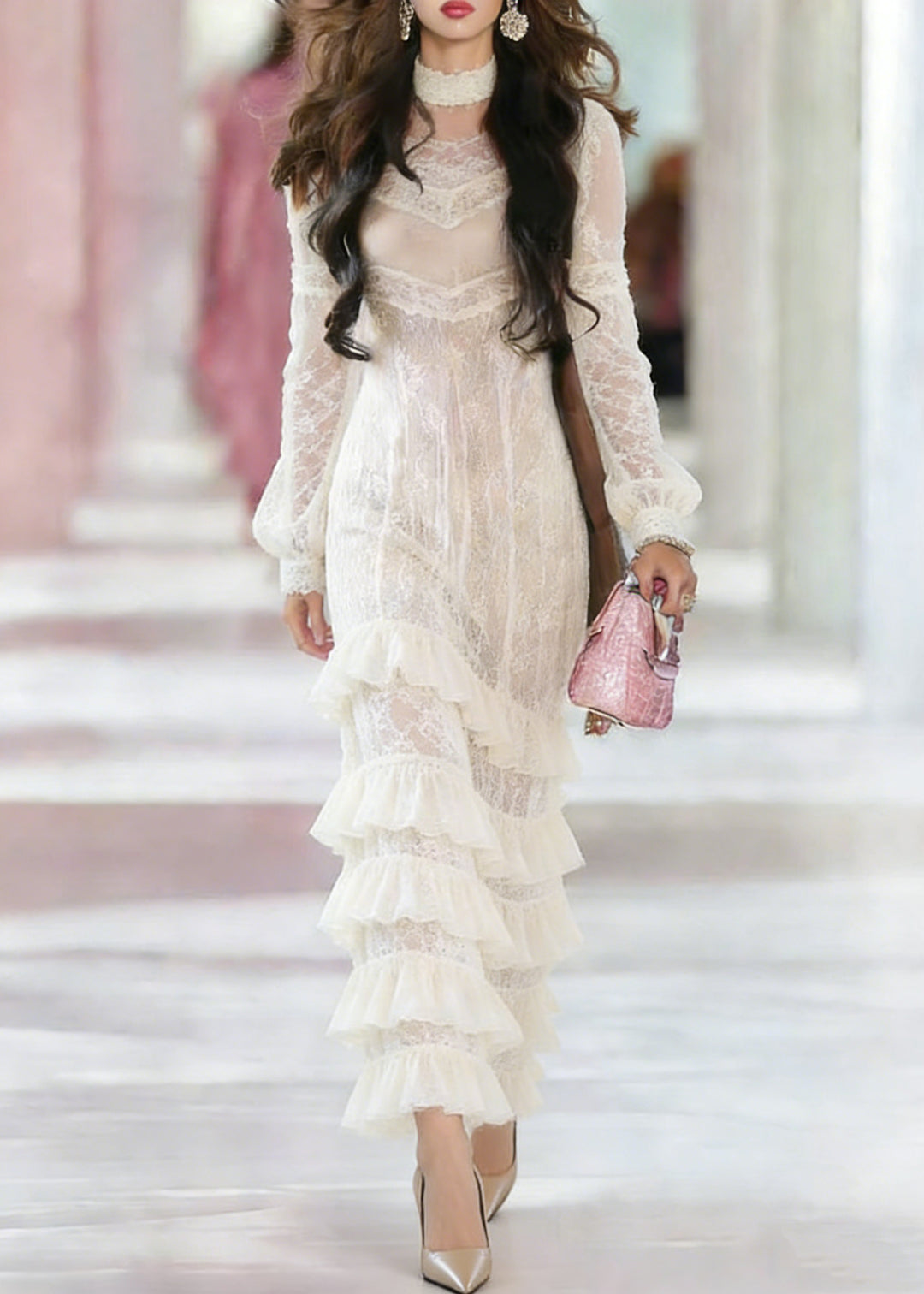 Dinner White Neck Ruffled Patchwork Maxi Dresses Lantern Sleeve