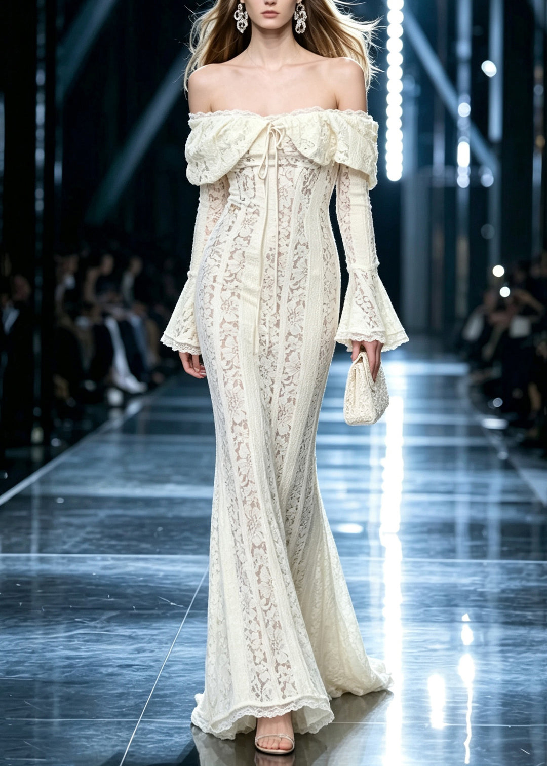 Dinner White Slash Neck Tie Lace Long Dresses Flare Sleeve
