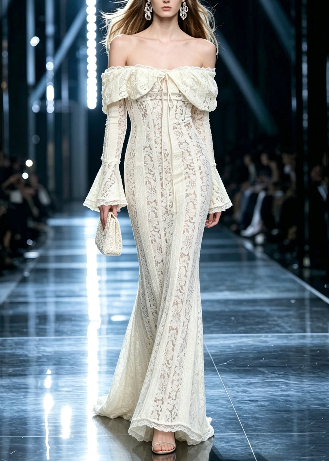 Dinner White Slash Neck Tie Lace Long Dresses Flare Sleeve