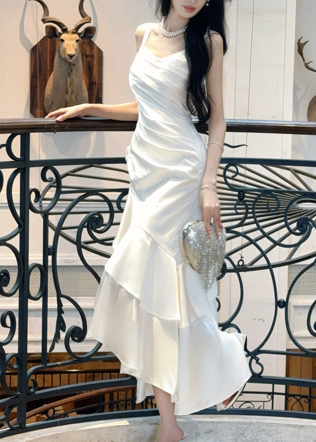 Dinner White Square Collar Asymmetrical Satin Long Spaghetti Strap Dresses Sleeveless