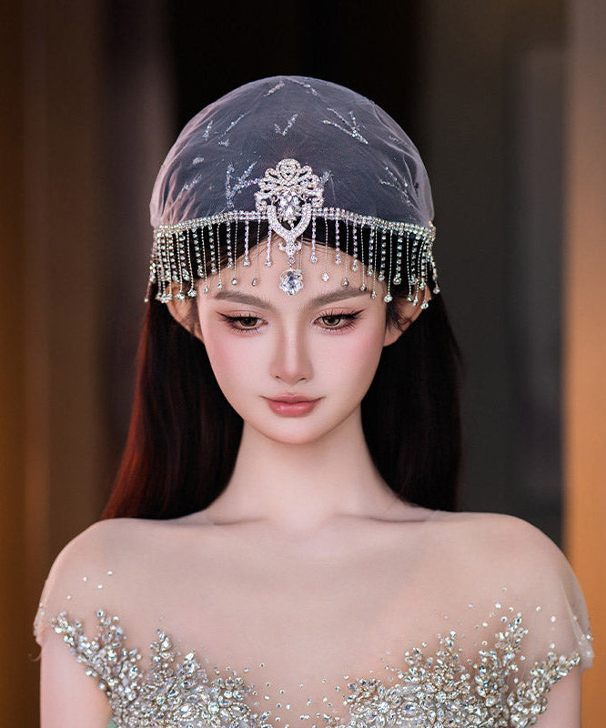 Dinner White Tulle Patchwork Zircon Tassel HairPiece