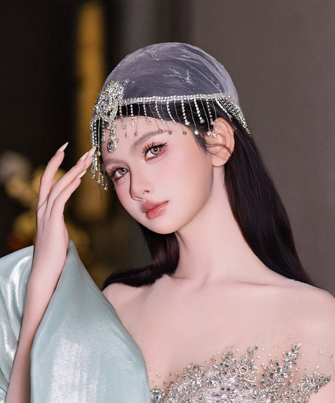 Dinner White Tulle Patchwork Zircon Tassel HairPiece