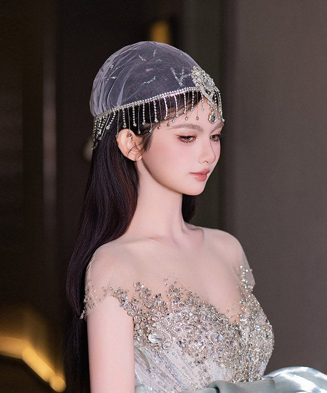 Dinner White Tulle Patchwork Zircon Tassel HairPiece