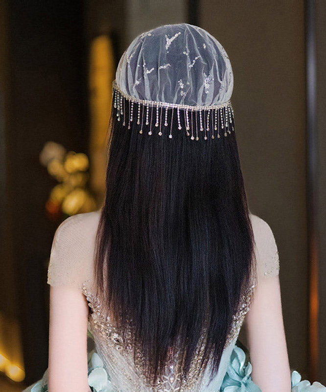 Dinner White Tulle Patchwork Zircon Tassel HairPiece
