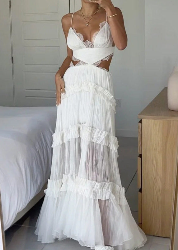 Dinner White V Neck Lack Patchwork Backless Long Spaghetti Strap Dress Summer