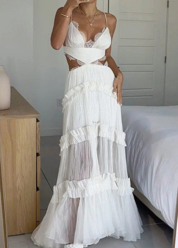 Dinner White V Neck Lack Patchwork Backless Long Spaghetti Strap Dress Summer