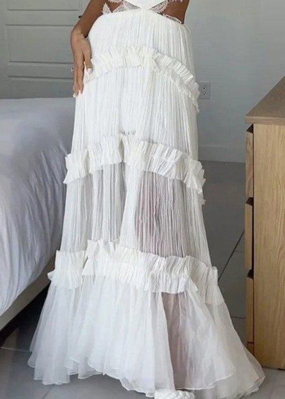 Dinner White V Neck Lack Patchwork Backless Long Spaghetti Strap Dress Summer