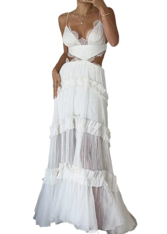 Dinner White V Neck Lack Patchwork Backless Long Spaghetti Strap Dress Summer