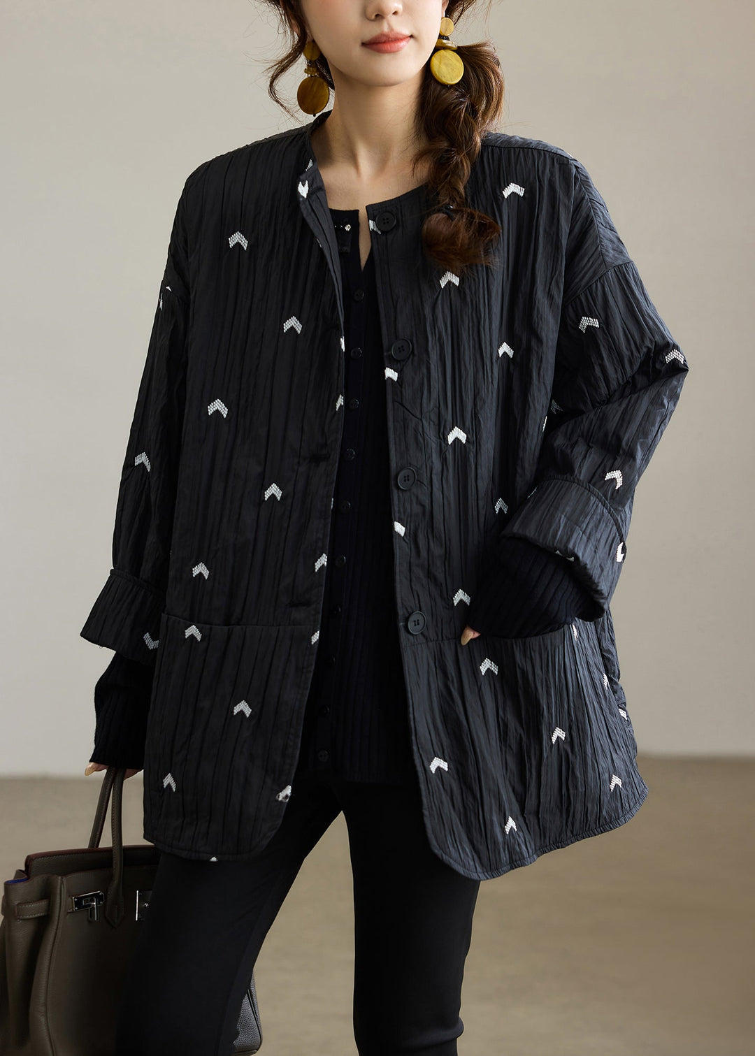 Diy Black Embroidered Wrinkled Fine Cotton Filled Coat Winter