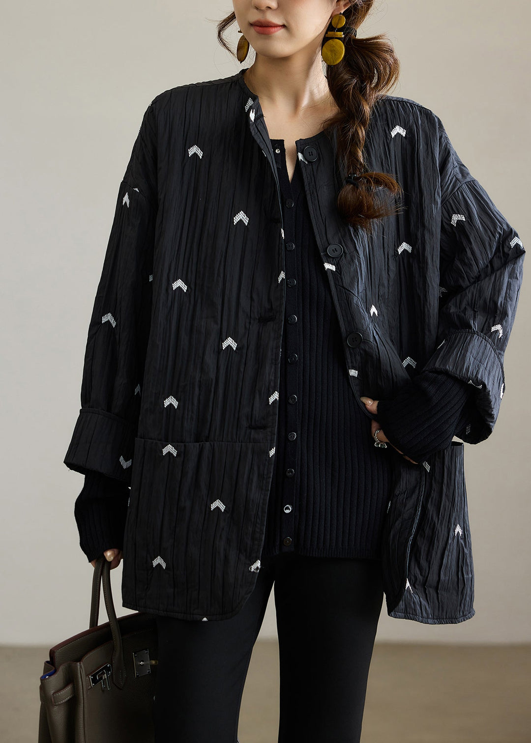 Diy Black Embroidered Wrinkled Fine Cotton Filled Coat Winter