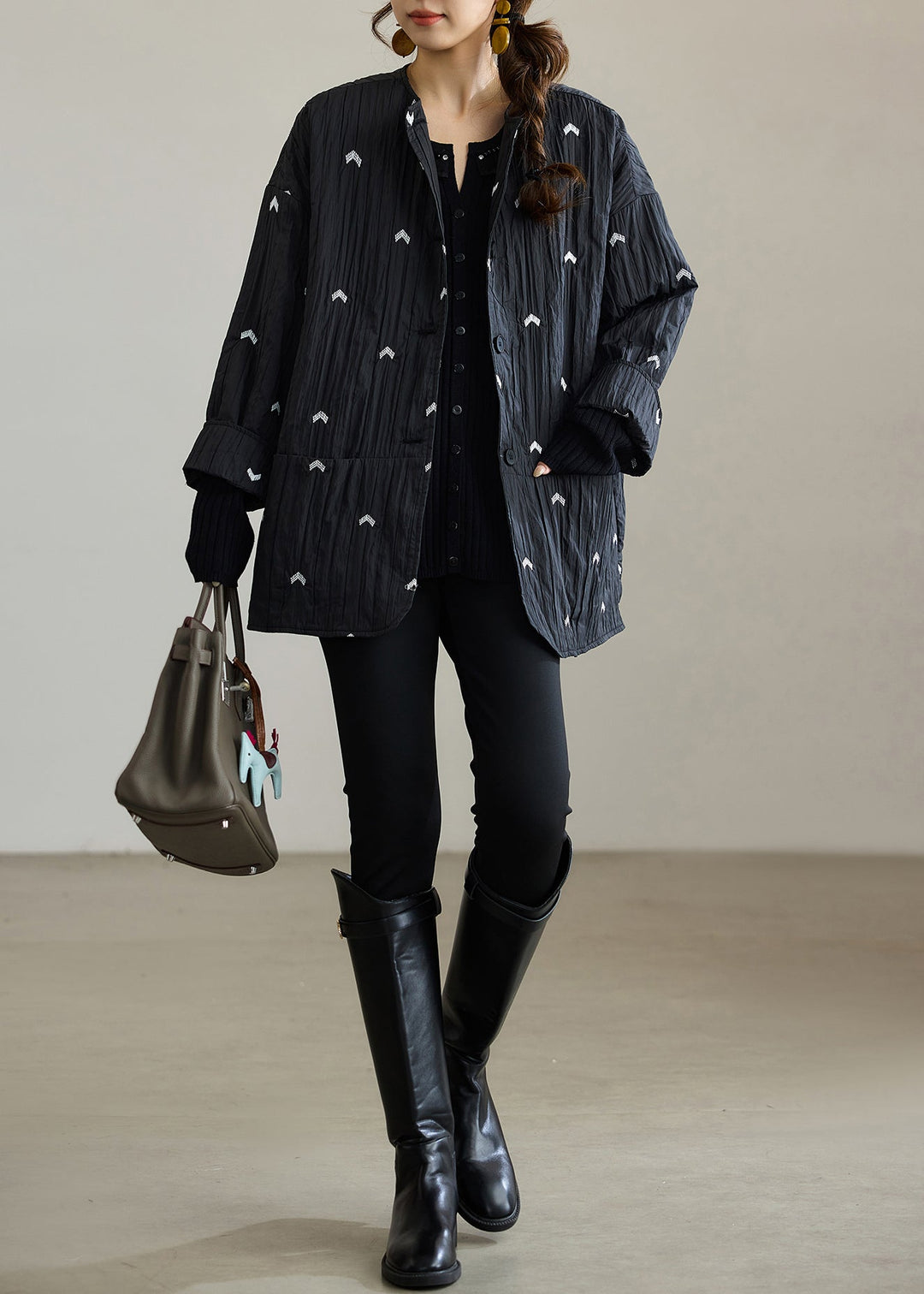 Diy Black Embroidered Wrinkled Fine Cotton Filled Coat Winter