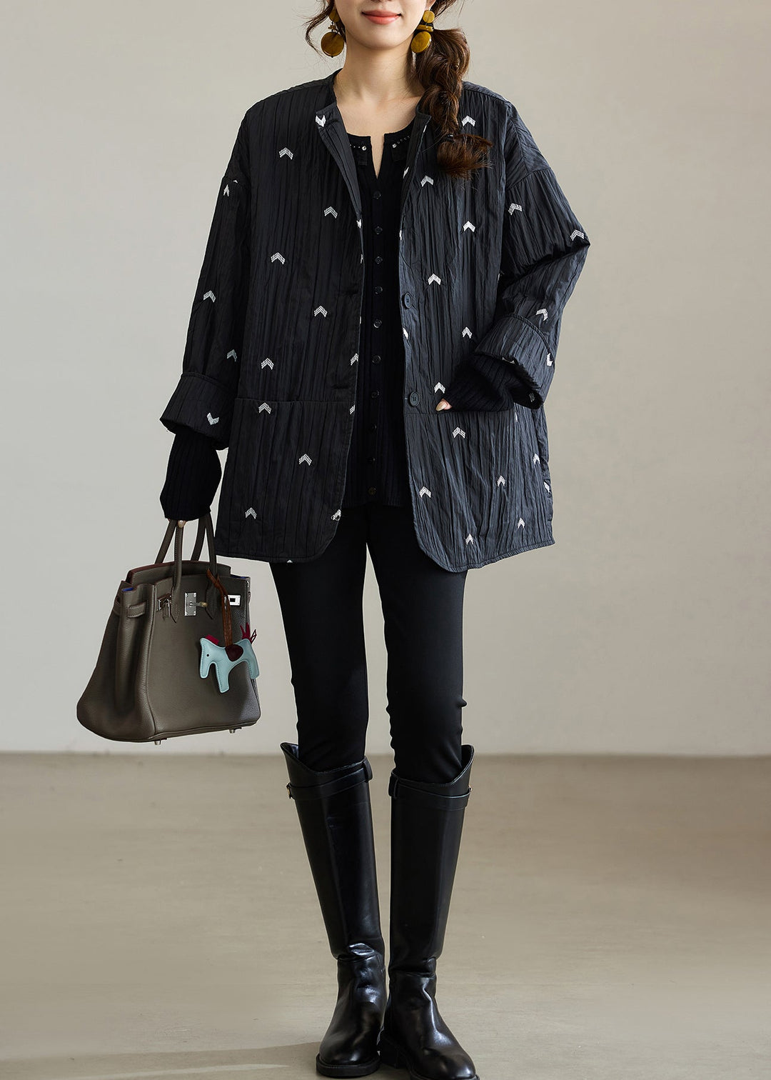 Diy Black Embroidered Wrinkled Fine Cotton Filled Coat Winter