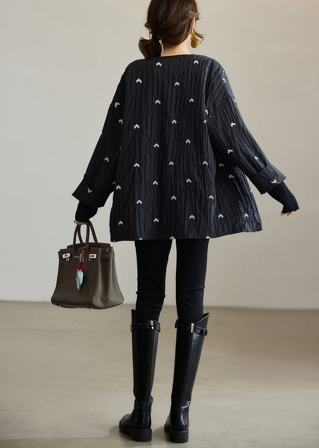Diy Black Embroidered Wrinkled Fine Cotton Filled Coat Winter