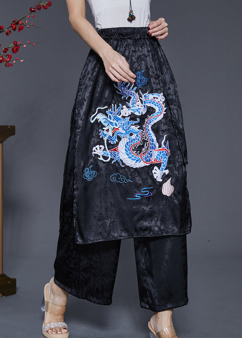 Diy Black Jacquard Embroidered Silk Pants Skirt Spring