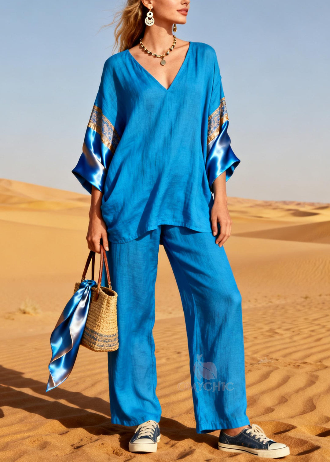 Diy Blue Oversized Patchwork Linen Silk Two Piece Set Outfits Spring