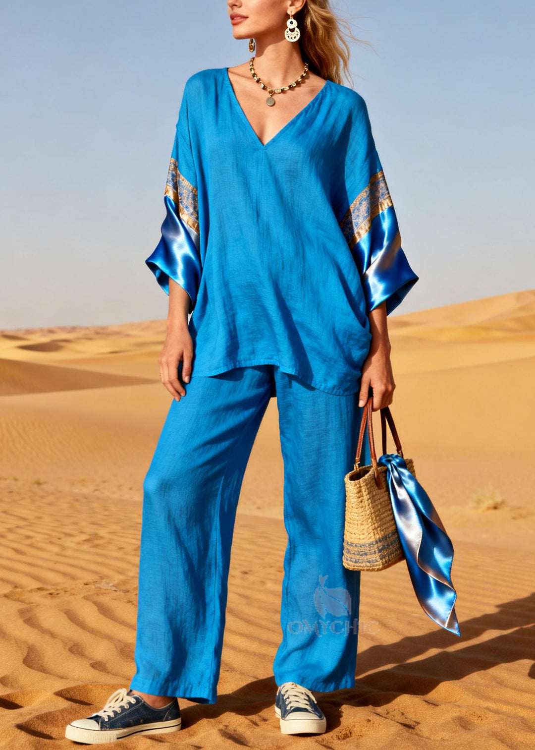 Diy Blue Oversized Patchwork Linen Silk Two Piece Set Outfits Spring