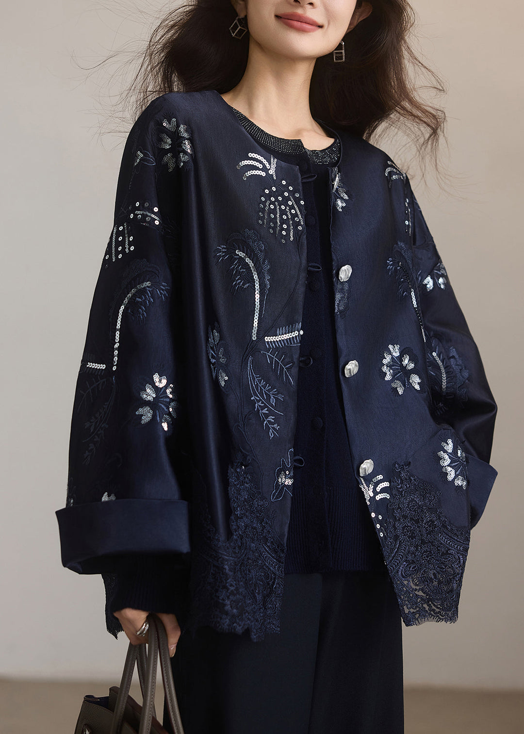 Diy Navy Embroidered Sequins Patchwork Lace Silk Coat Winter