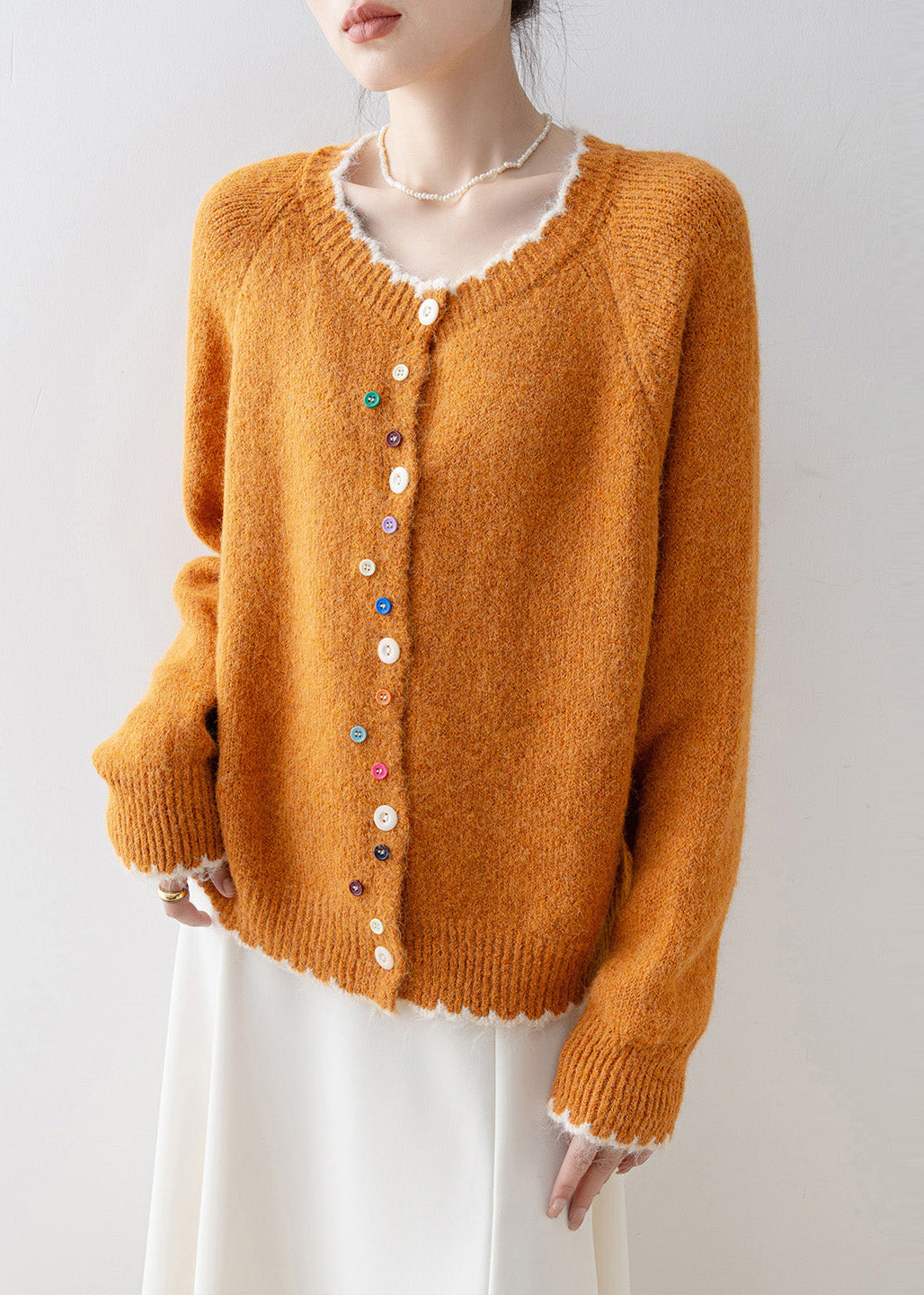Diy Orange O-Neck Multicolour Buttons Knit Cardigans Winter