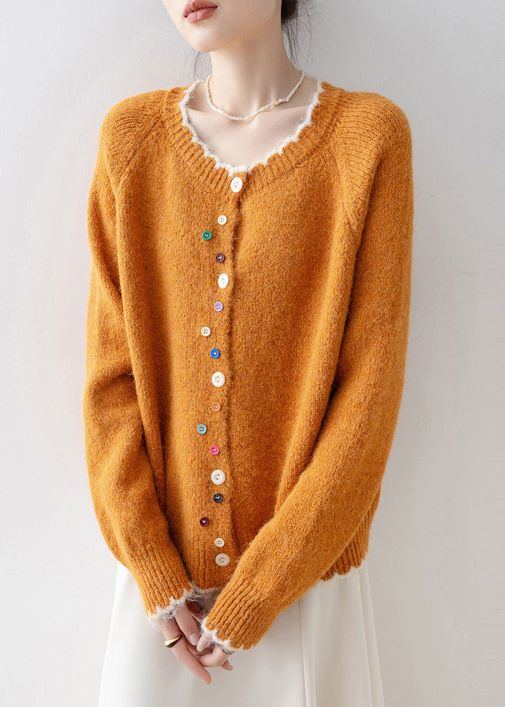 Diy Orange O-Neck Multicolour Buttons Knit Cardigans Winter