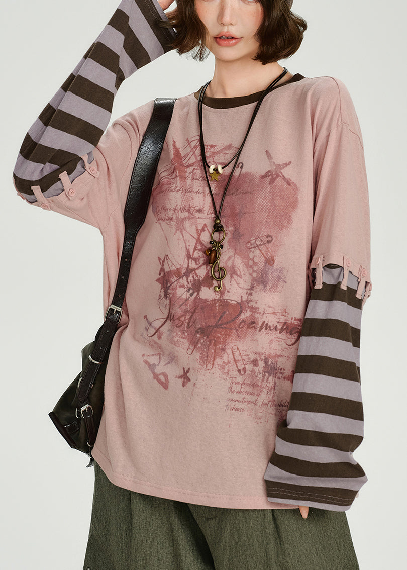 Diy Pink Oversized Patchwork Cotton Fake Two Piece Pullover Spring