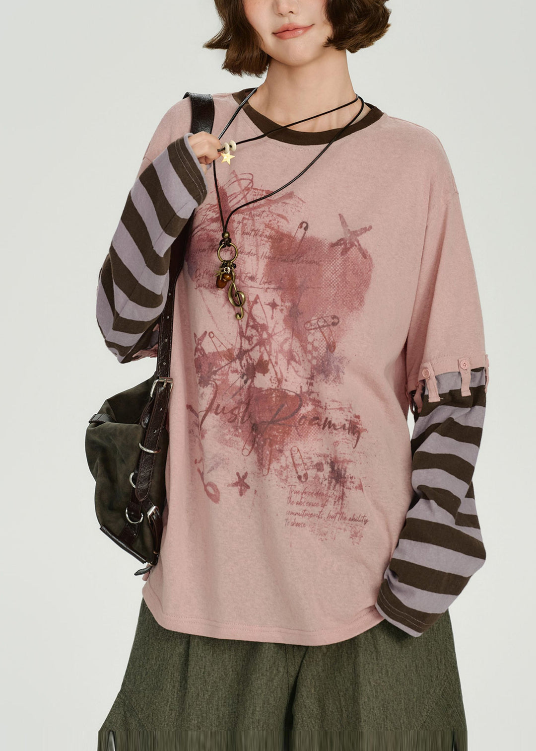 Diy Pink Oversized Patchwork Cotton Fake Two Piece Pullover Spring