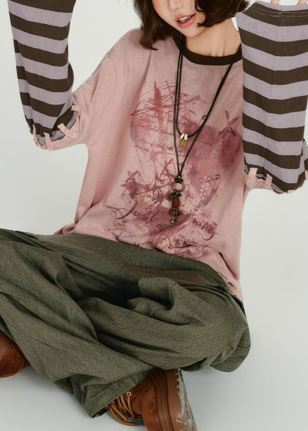 Diy Pink Oversized Patchwork Cotton Fake Two Piece Pullover Spring